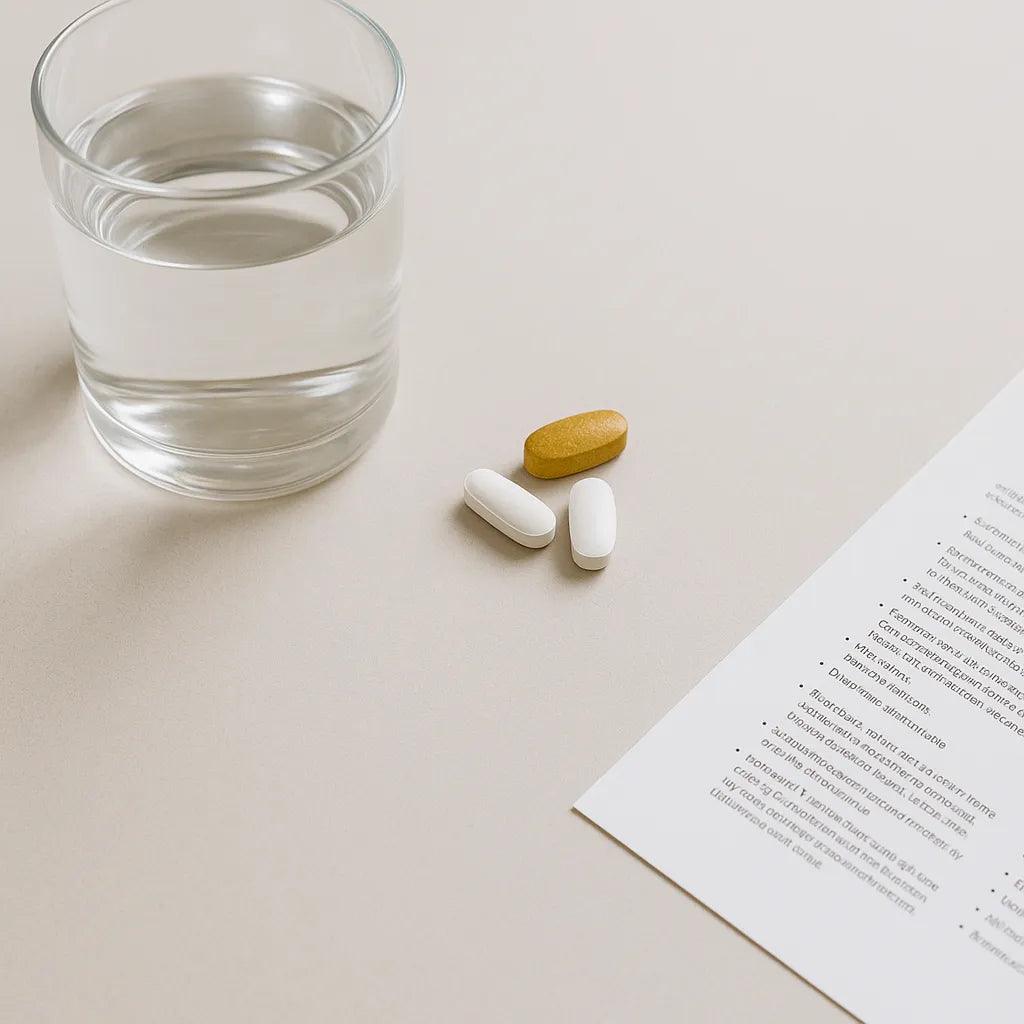 Multivitamins – suitable after bariatric surgery? Tablets, glass of water, and leaflet on a light surface